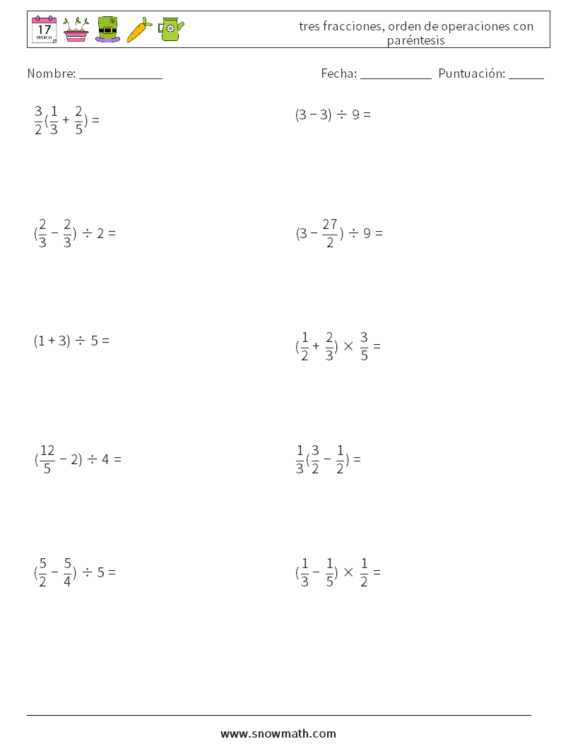 (10) tres fracciones, orden de operaciones con paréntesis Hojas de trabajo de matemáticas 12