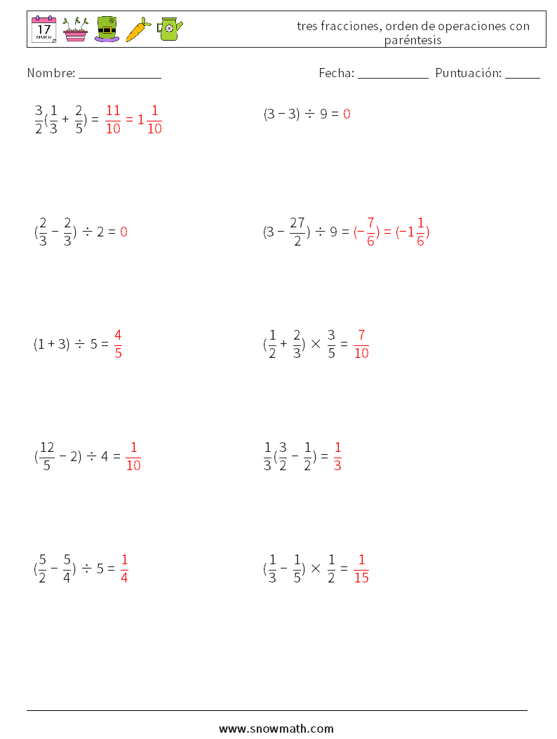 (10) tres fracciones, orden de operaciones con paréntesis Hojas de trabajo de matemáticas 12 Pregunta, respuesta