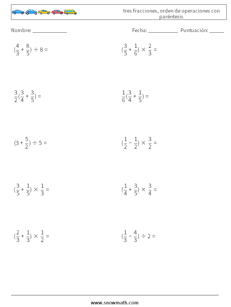 (10) tres fracciones, orden de operaciones con paréntesis Hojas de trabajo de matemáticas 13