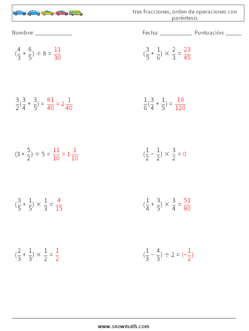 (10) tres fracciones, orden de operaciones con paréntesis Hojas de trabajo de matemáticas 13 Pregunta, respuesta