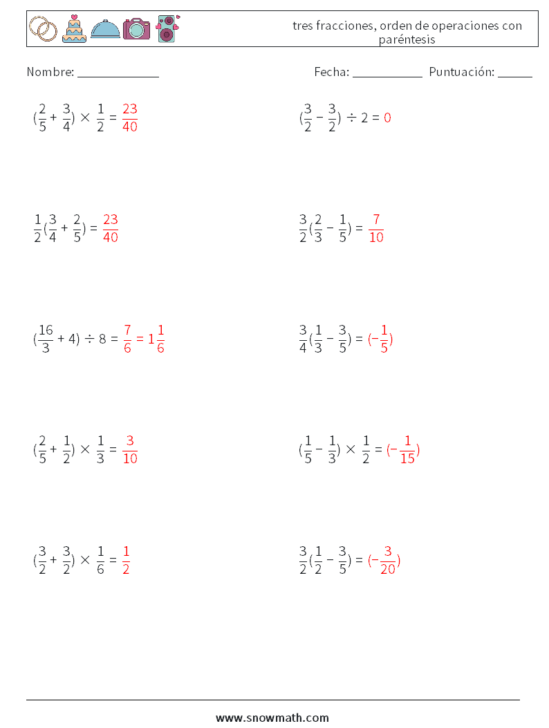 (10) tres fracciones, orden de operaciones con paréntesis Hojas de trabajo de matemáticas 14 Pregunta, respuesta