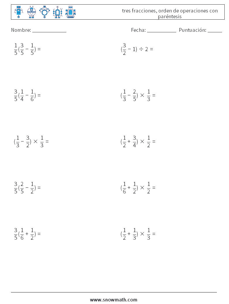 (10) tres fracciones, orden de operaciones con paréntesis Hojas de trabajo de matemáticas 15