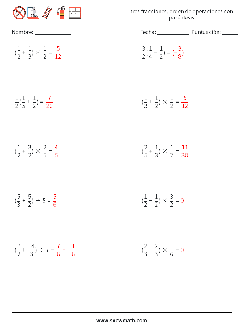 (10) tres fracciones, orden de operaciones con paréntesis Hojas de trabajo de matemáticas 16 Pregunta, respuesta