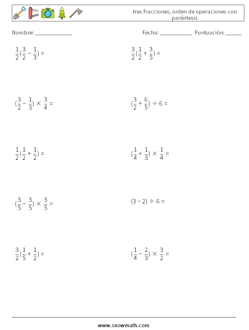 (10) tres fracciones, orden de operaciones con paréntesis Hojas de trabajo de matemáticas 17