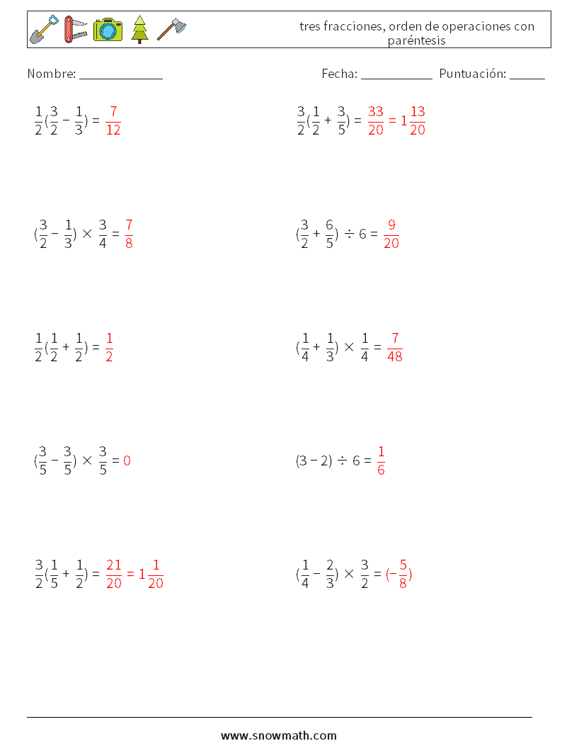 (10) tres fracciones, orden de operaciones con paréntesis Hojas de trabajo de matemáticas 17 Pregunta, respuesta