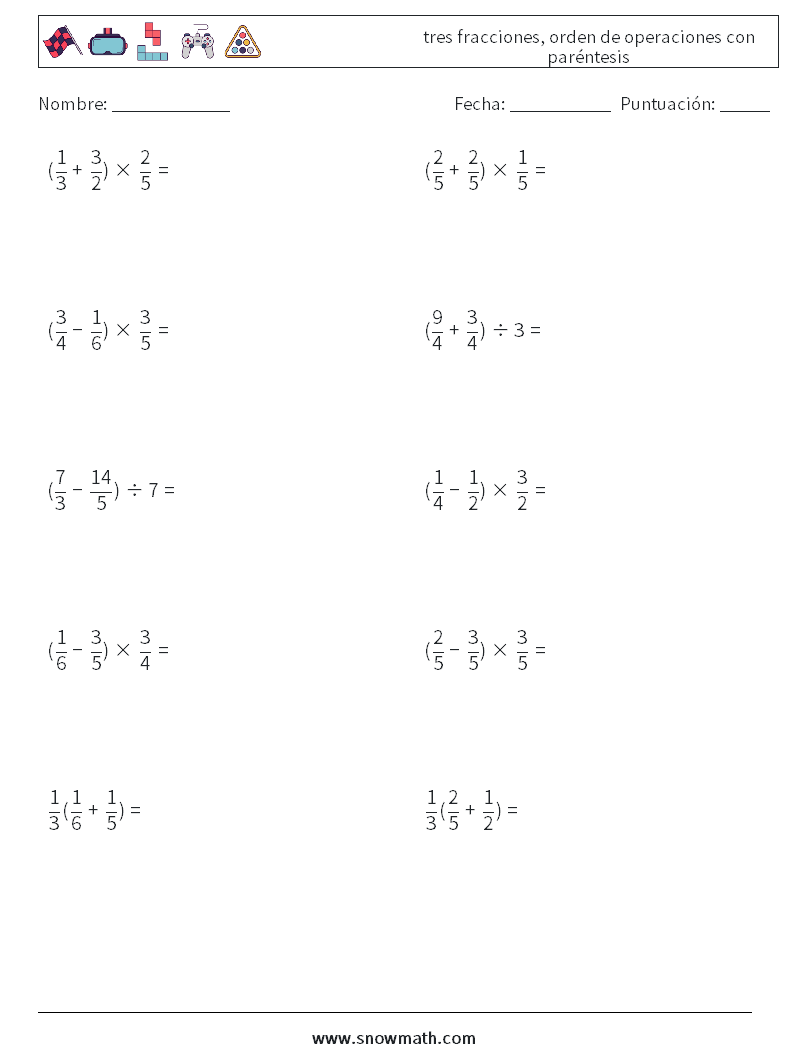 (10) tres fracciones, orden de operaciones con paréntesis Hojas de trabajo de matemáticas 18