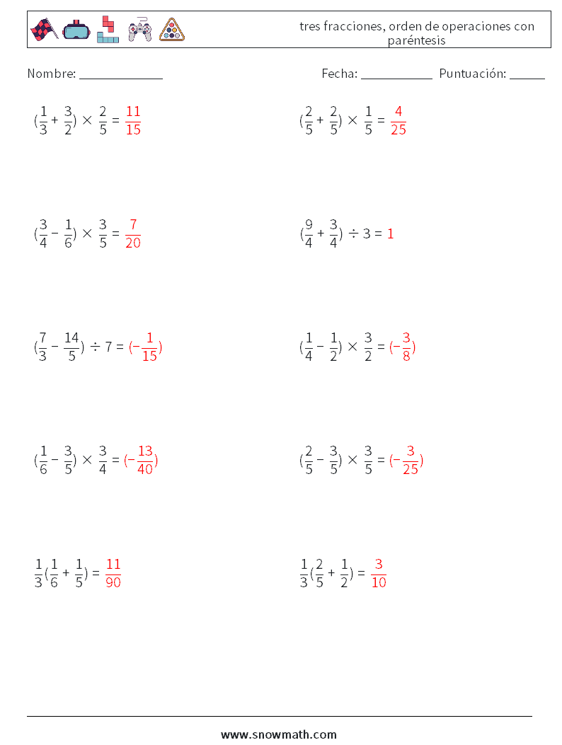 (10) tres fracciones, orden de operaciones con paréntesis Hojas de trabajo de matemáticas 18 Pregunta, respuesta