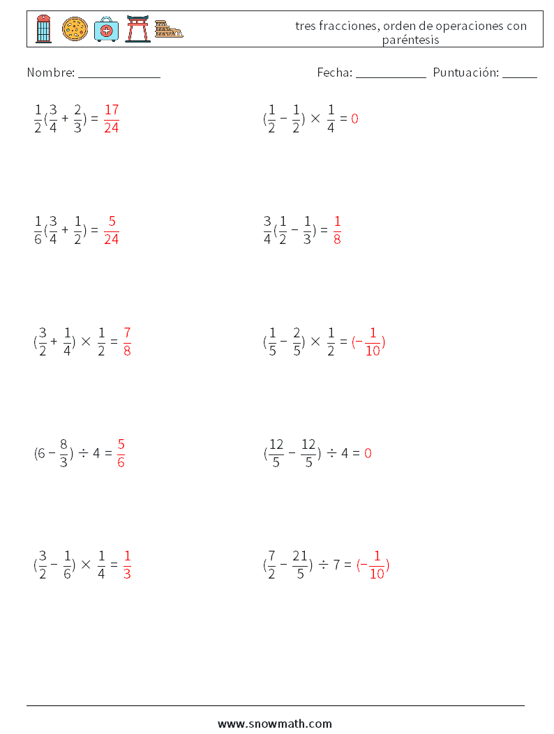 (10) tres fracciones, orden de operaciones con paréntesis Hojas de trabajo de matemáticas 2 Pregunta, respuesta