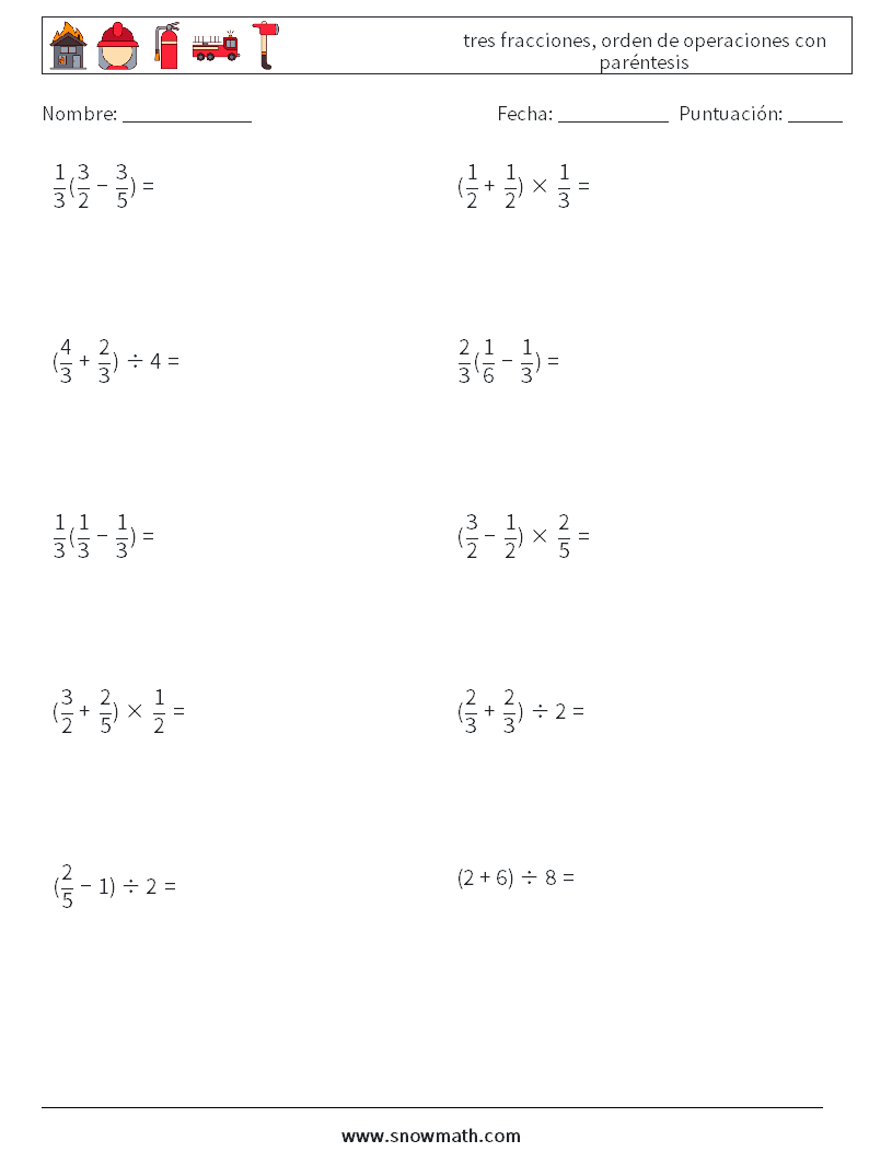 (10) tres fracciones, orden de operaciones con paréntesis Hojas de trabajo de matemáticas 3