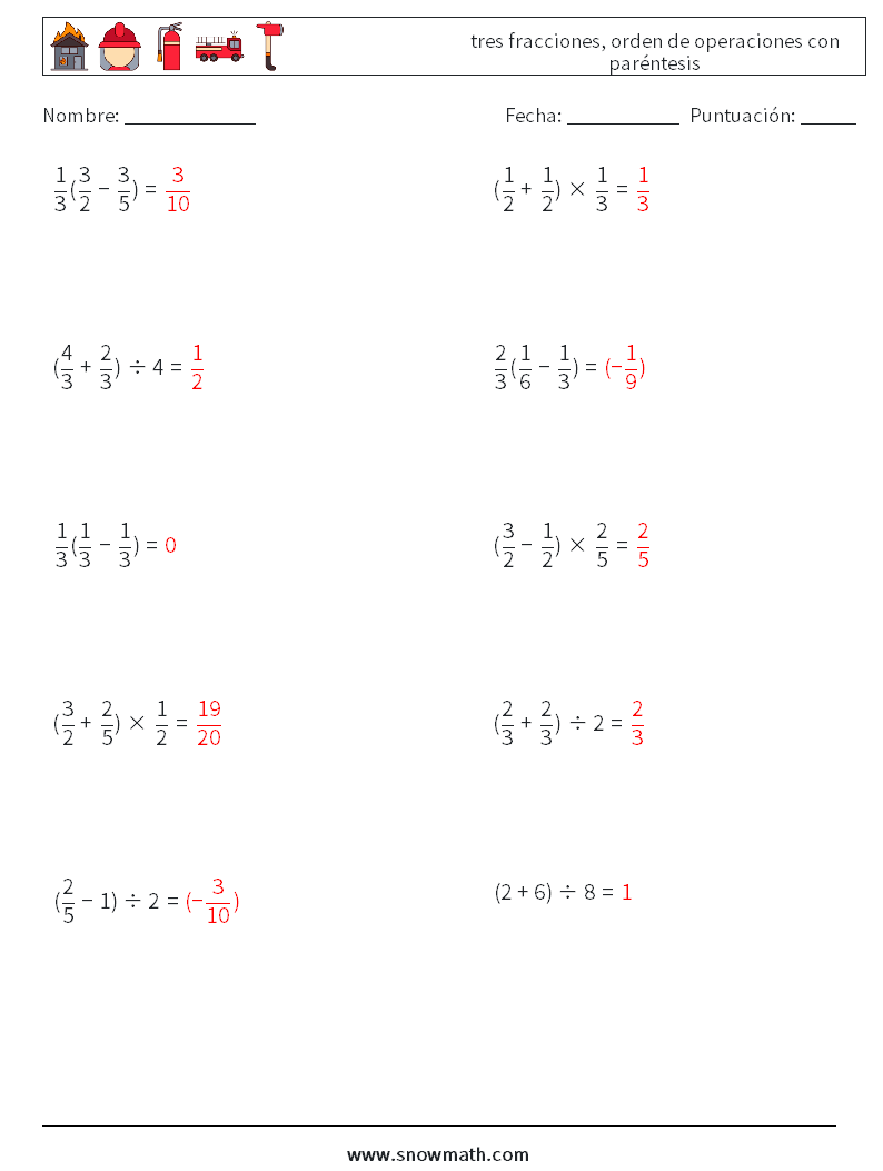 (10) tres fracciones, orden de operaciones con paréntesis Hojas de trabajo de matemáticas 3 Pregunta, respuesta