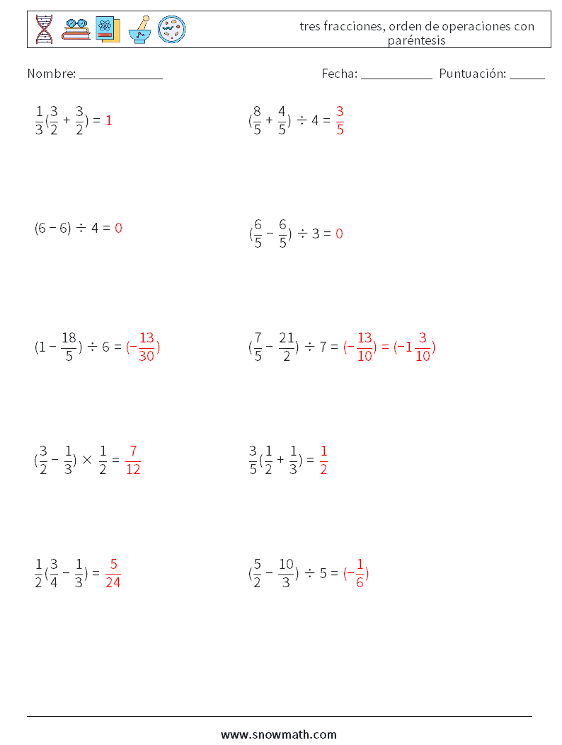 (10) tres fracciones, orden de operaciones con paréntesis Hojas de trabajo de matemáticas 4 Pregunta, respuesta