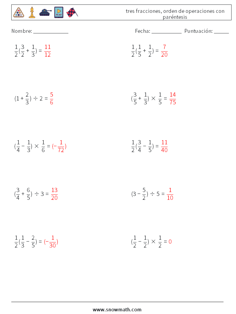 (10) tres fracciones, orden de operaciones con paréntesis Hojas de trabajo de matemáticas 5 Pregunta, respuesta