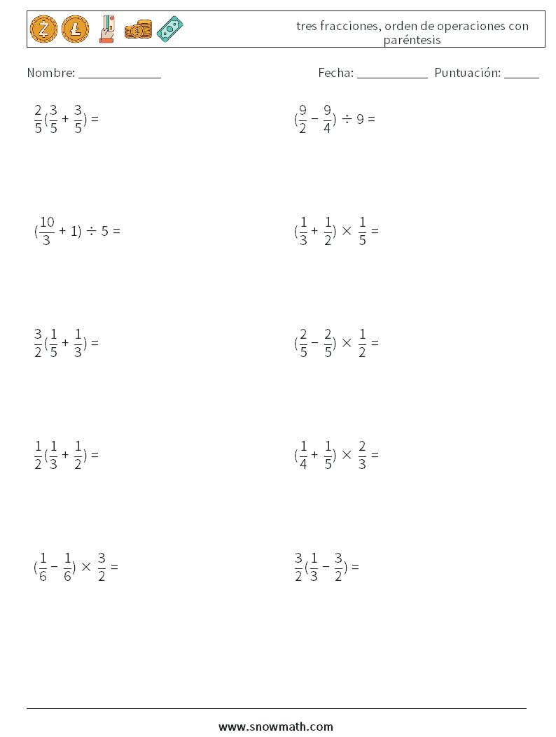 (10) tres fracciones, orden de operaciones con paréntesis Hojas de trabajo de matemáticas 7