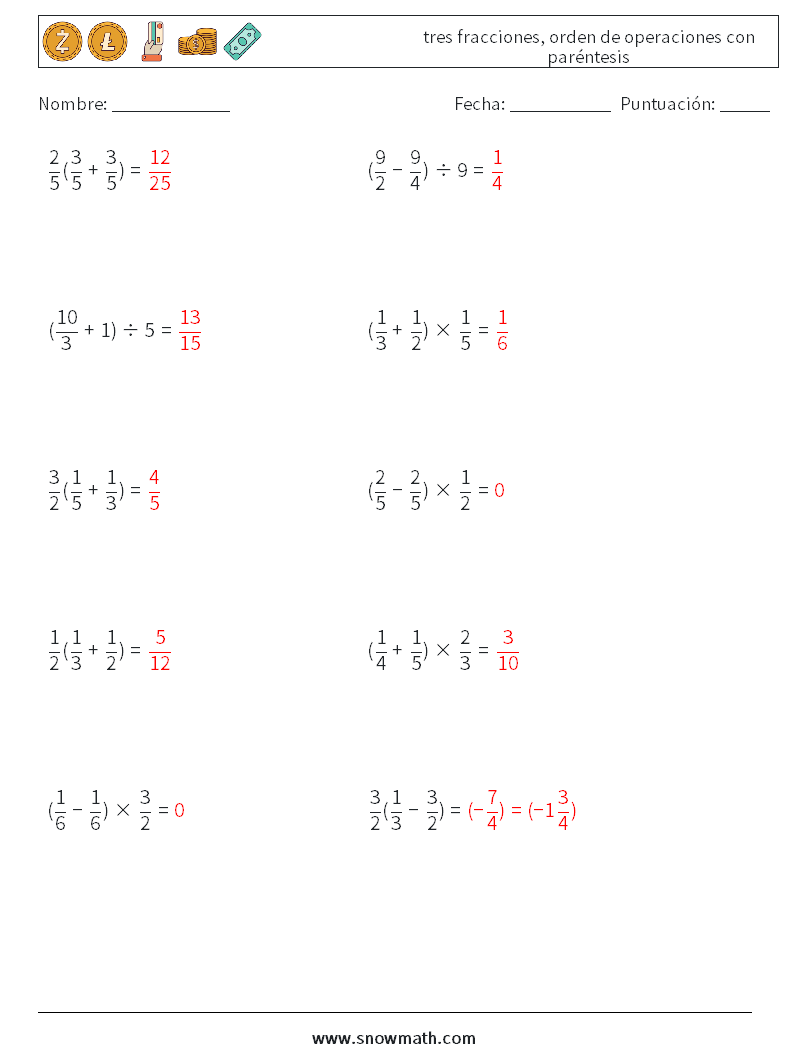 (10) tres fracciones, orden de operaciones con paréntesis Hojas de trabajo de matemáticas 7 Pregunta, respuesta