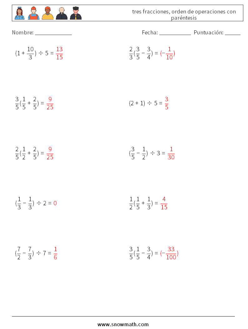 (10) tres fracciones, orden de operaciones con paréntesis Hojas de trabajo de matemáticas 8 Pregunta, respuesta