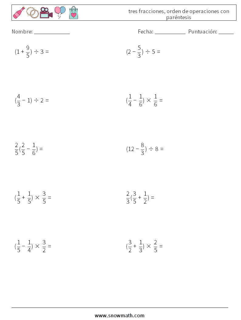 (10) tres fracciones, orden de operaciones con paréntesis Hojas de trabajo de matemáticas 9
