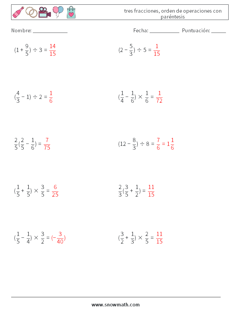 (10) tres fracciones, orden de operaciones con paréntesis Hojas de trabajo de matemáticas 9 Pregunta, respuesta