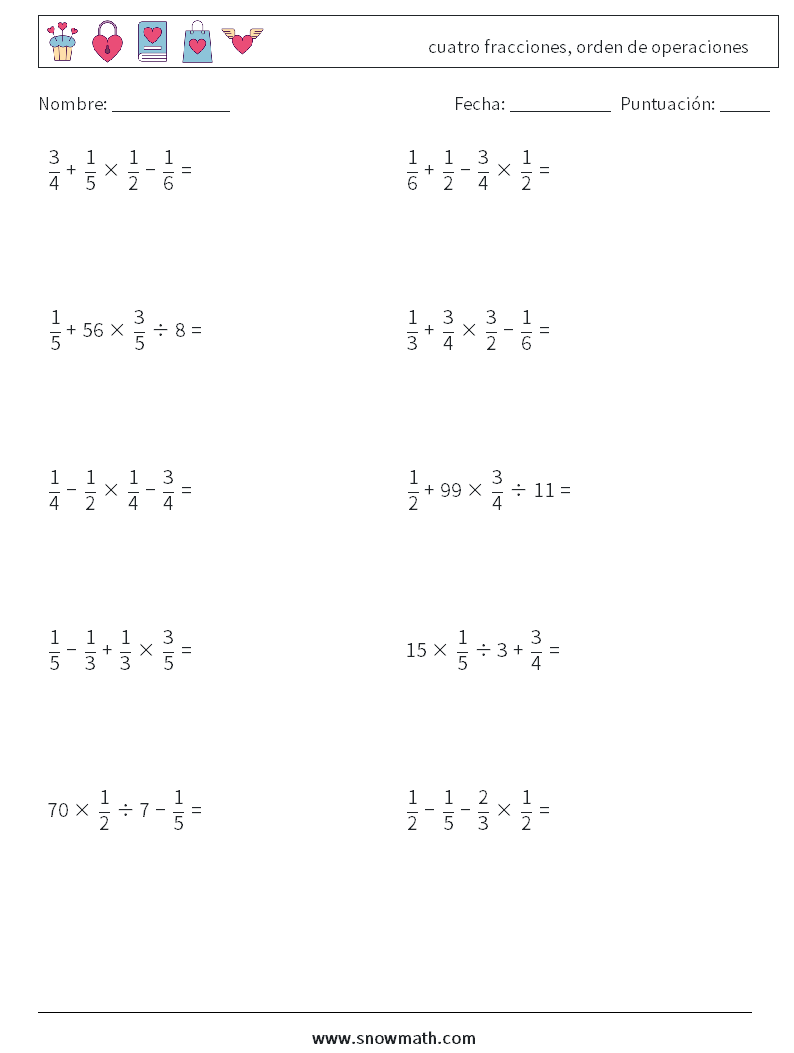 (10) cuatro fracciones, orden de operaciones Hojas de trabajo de matemáticas 1