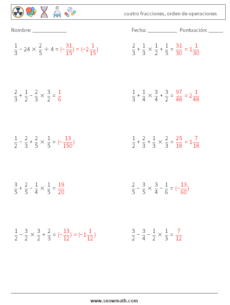 (10) cuatro fracciones, orden de operaciones Hojas de trabajo de matemáticas 18 Pregunta, respuesta
