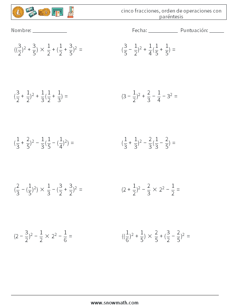 (10) cinco fracciones, orden de operaciones con paréntesis Hojas de trabajo de matemáticas 10