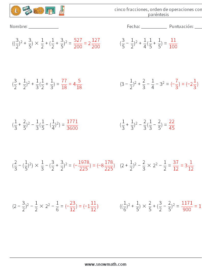 (10) cinco fracciones, orden de operaciones con paréntesis Hojas de trabajo de matemáticas 10 Pregunta, respuesta