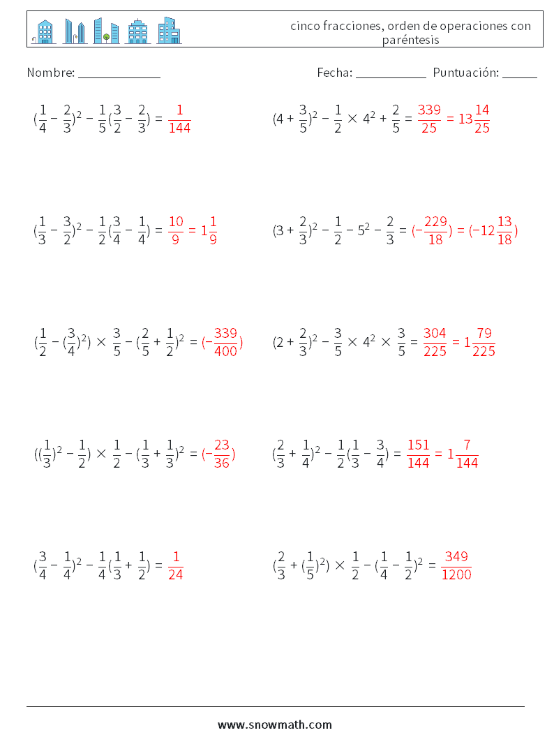 (10) cinco fracciones, orden de operaciones con paréntesis Hojas de trabajo de matemáticas 11 Pregunta, respuesta