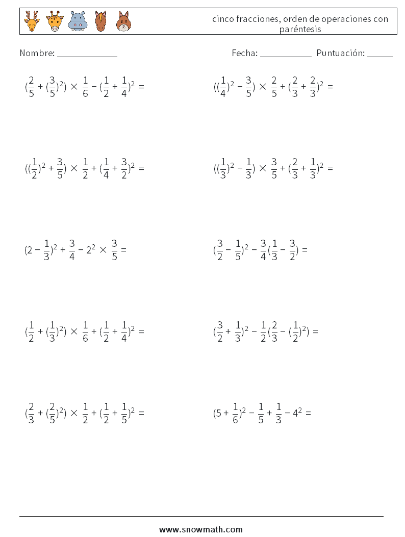 (10) cinco fracciones, orden de operaciones con paréntesis Hojas de trabajo de matemáticas 12
