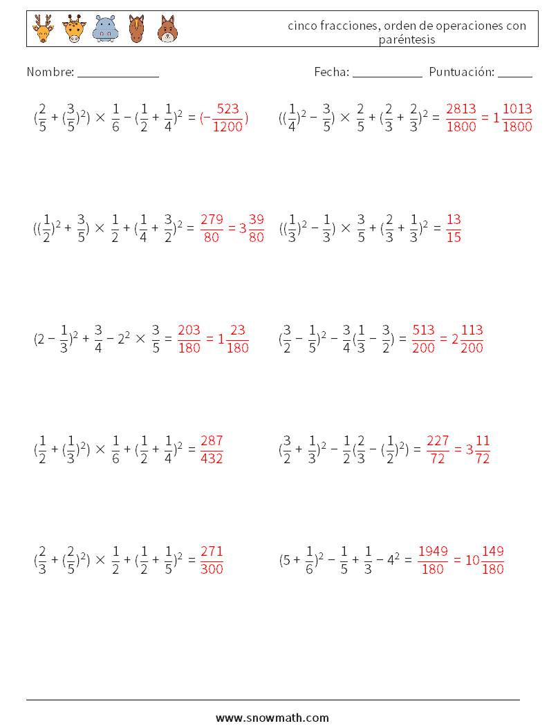 (10) cinco fracciones, orden de operaciones con paréntesis Hojas de trabajo de matemáticas 12 Pregunta, respuesta