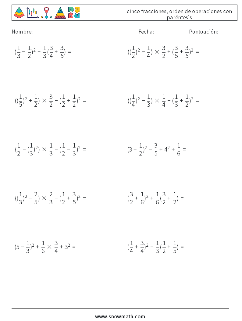 (10) cinco fracciones, orden de operaciones con paréntesis Hojas de trabajo de matemáticas 13