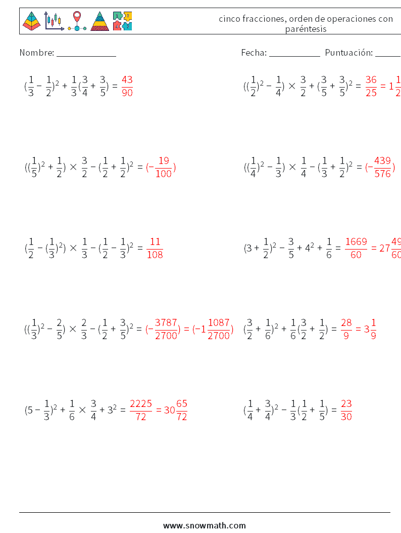 (10) cinco fracciones, orden de operaciones con paréntesis Hojas de trabajo de matemáticas 13 Pregunta, respuesta