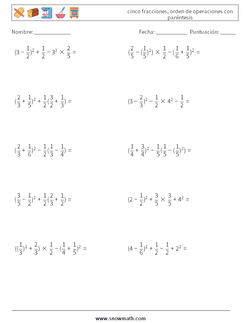 (10) cinco fracciones, orden de operaciones con paréntesis Hojas de trabajo de matemáticas 14