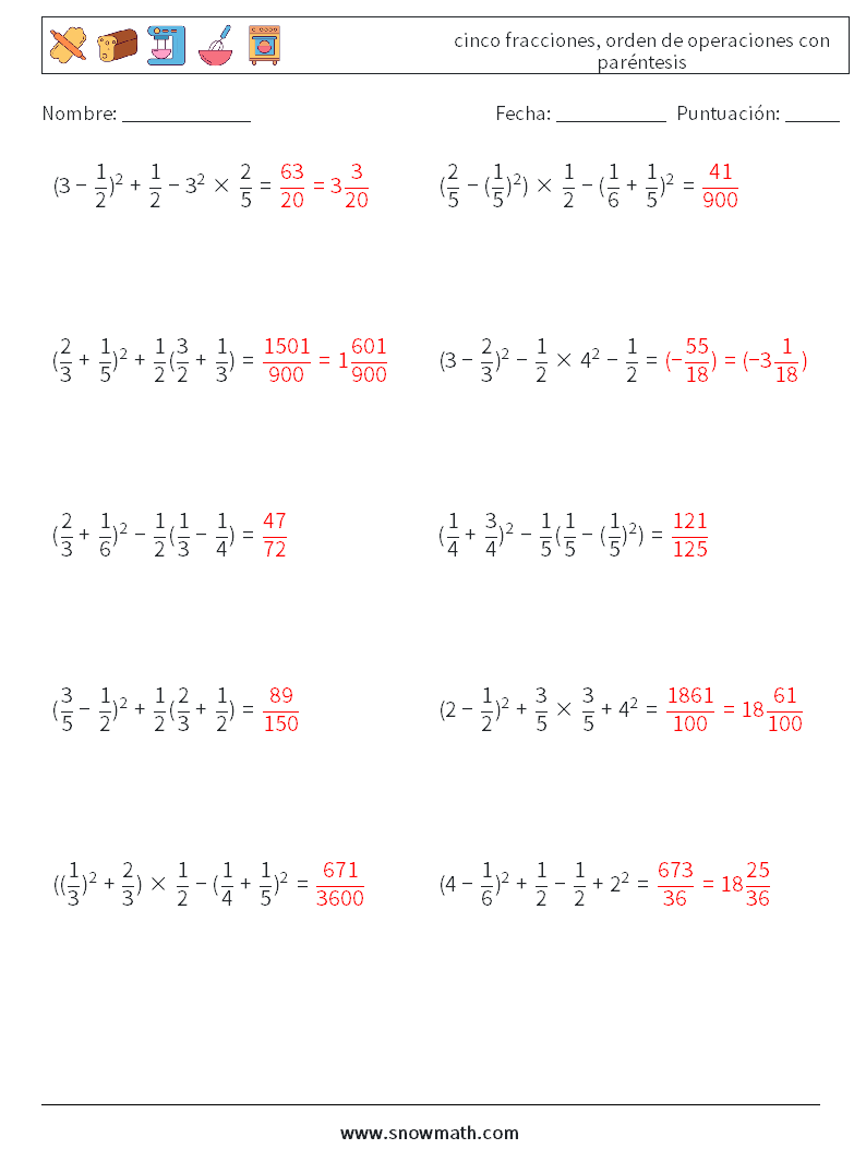 (10) cinco fracciones, orden de operaciones con paréntesis Hojas de trabajo de matemáticas 14 Pregunta, respuesta