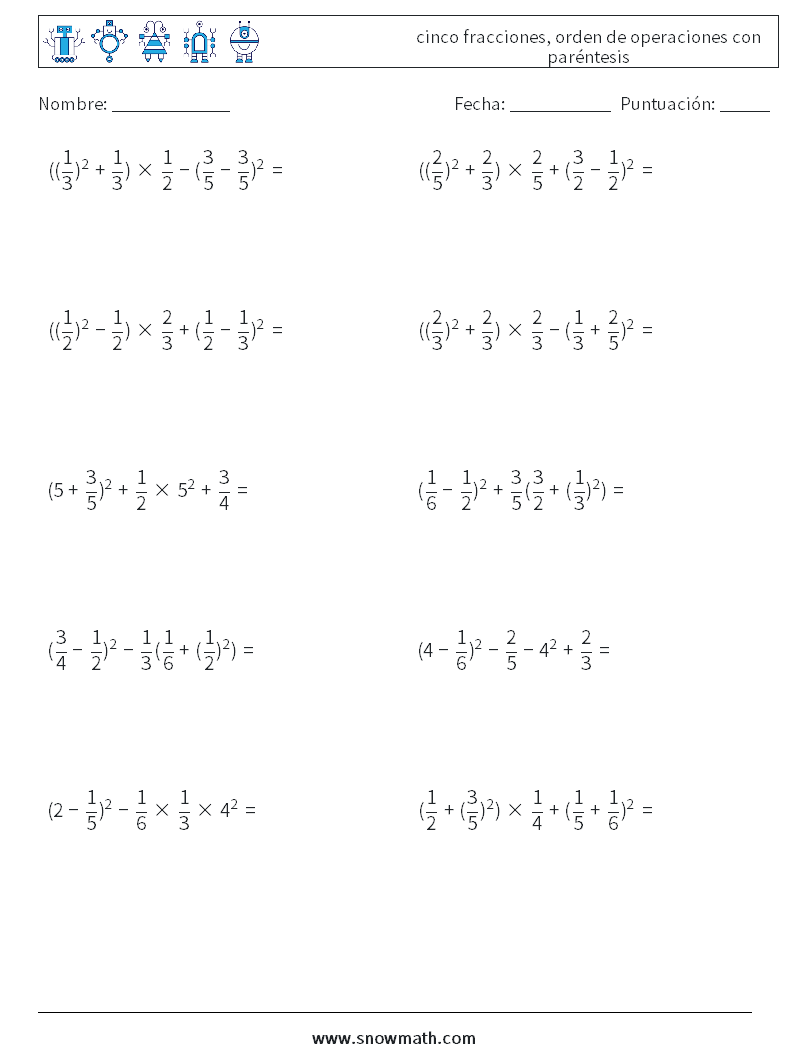 (10) cinco fracciones, orden de operaciones con paréntesis Hojas de trabajo de matemáticas 15