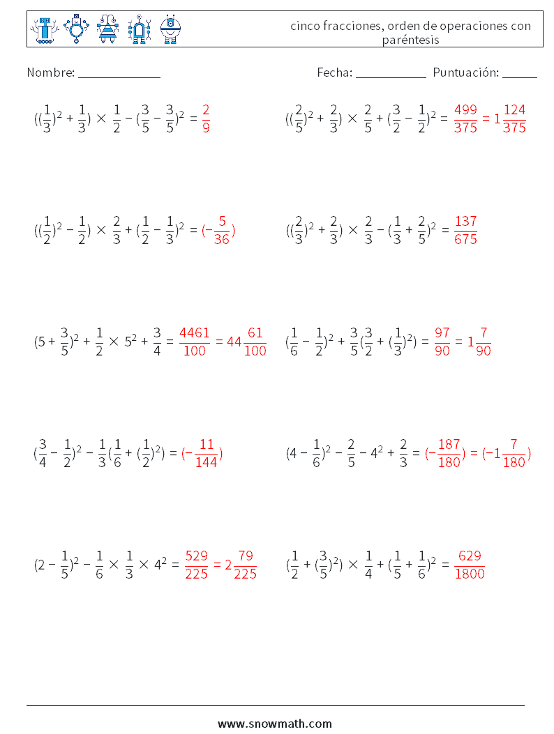 (10) cinco fracciones, orden de operaciones con paréntesis Hojas de trabajo de matemáticas 15 Pregunta, respuesta