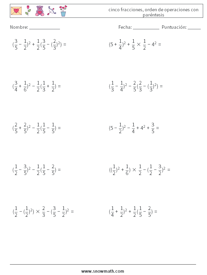 (10) cinco fracciones, orden de operaciones con paréntesis Hojas de trabajo de matemáticas 16