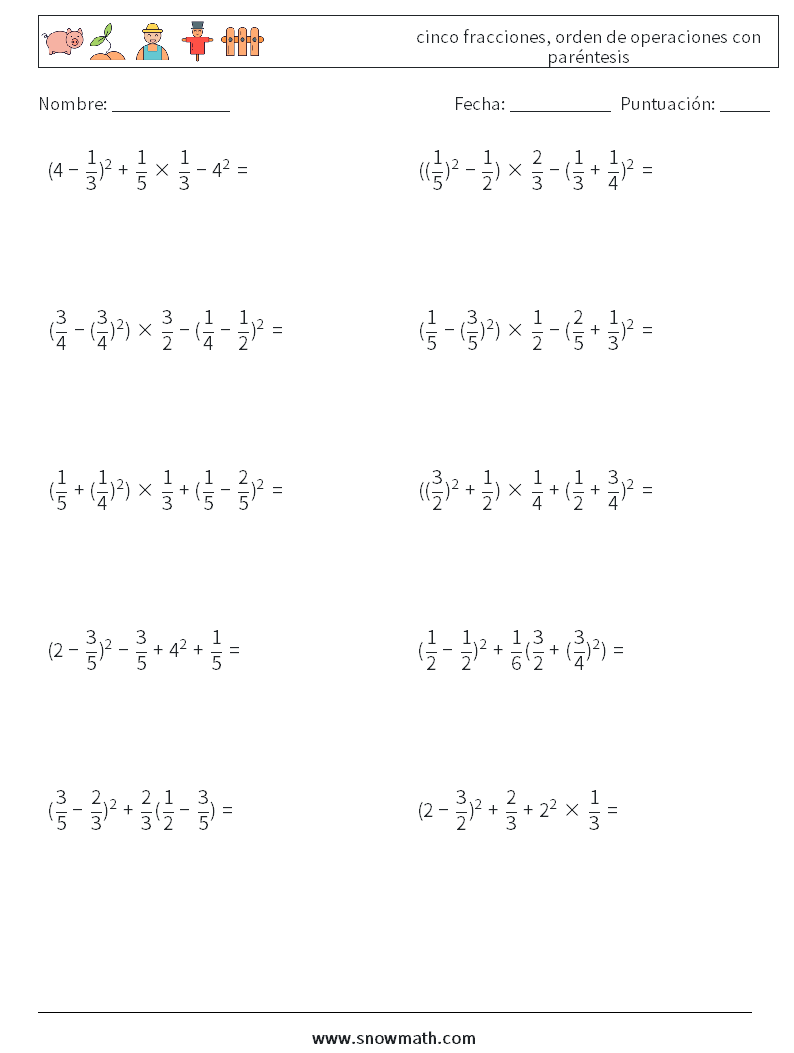 (10) cinco fracciones, orden de operaciones con paréntesis Hojas de trabajo de matemáticas 17