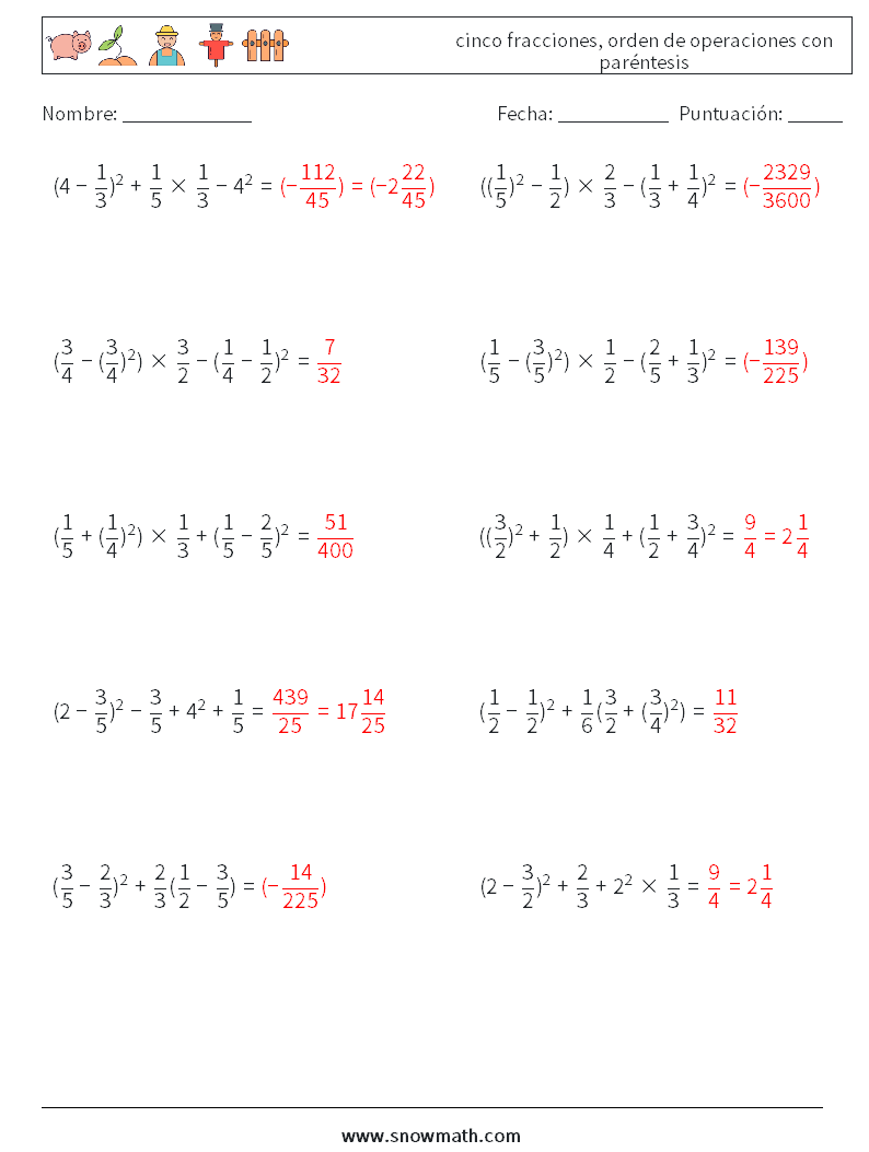 (10) cinco fracciones, orden de operaciones con paréntesis Hojas de trabajo de matemáticas 17 Pregunta, respuesta