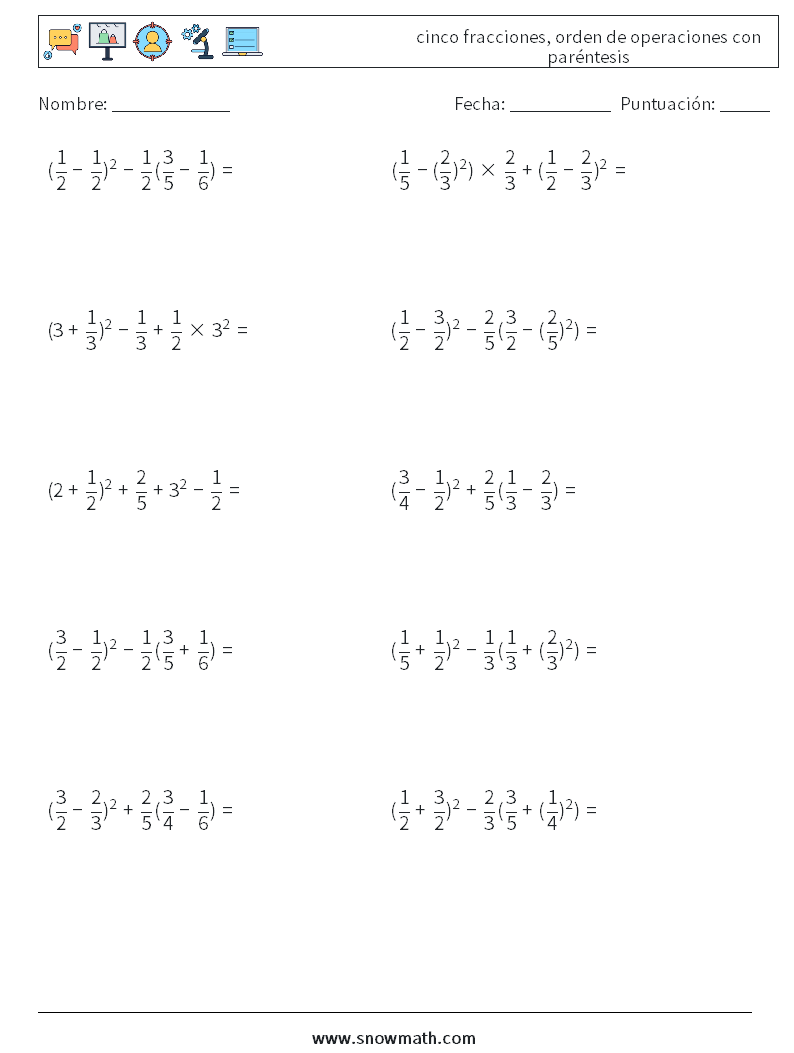 (10) cinco fracciones, orden de operaciones con paréntesis Hojas de trabajo de matemáticas 18