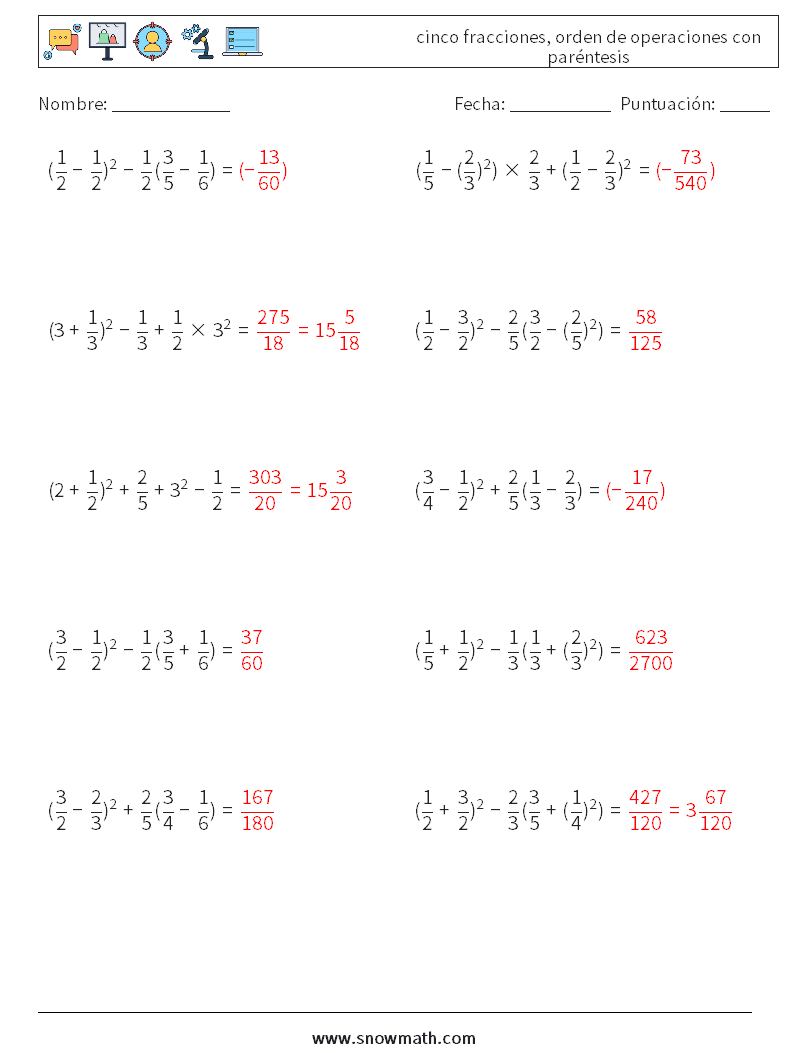(10) cinco fracciones, orden de operaciones con paréntesis Hojas de trabajo de matemáticas 18 Pregunta, respuesta