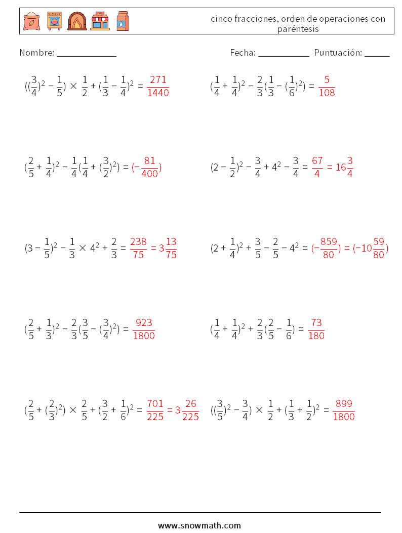 (10) cinco fracciones, orden de operaciones con paréntesis Hojas de trabajo de matemáticas 1 Pregunta, respuesta
