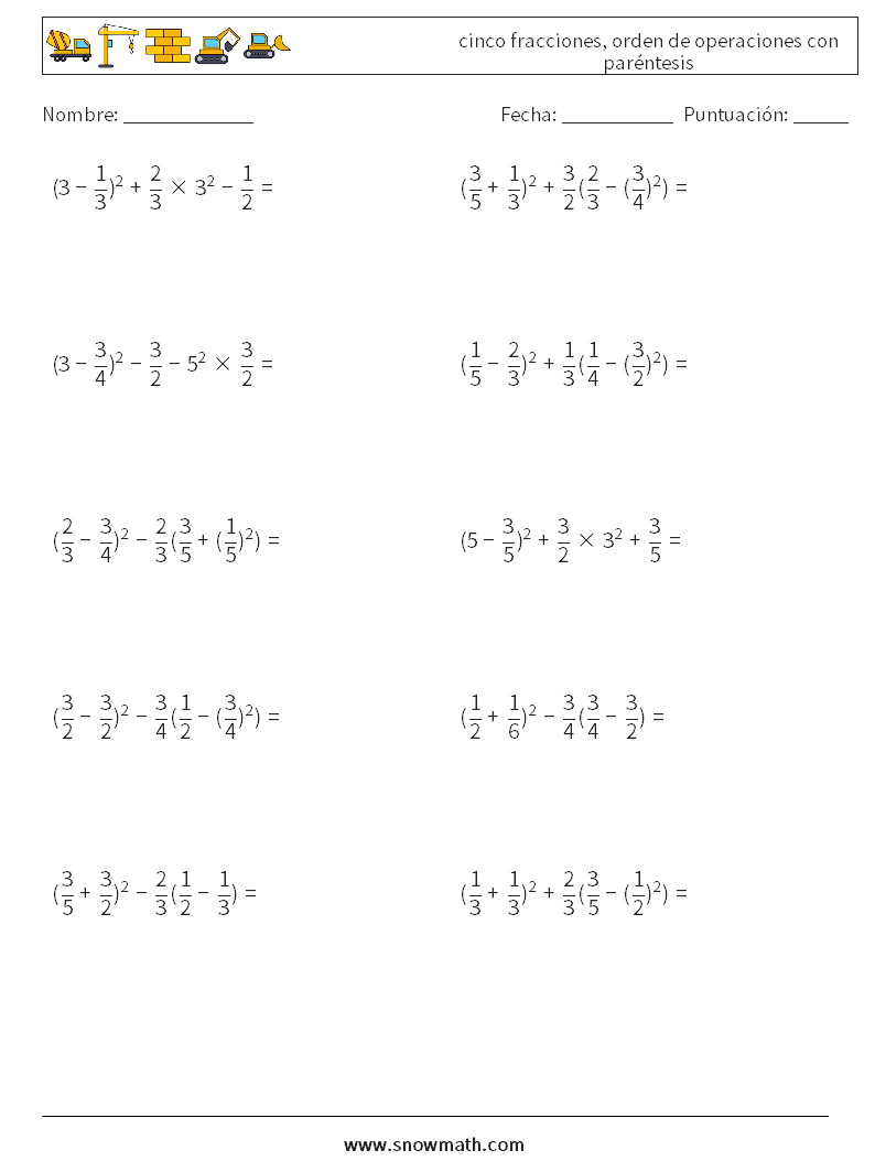 (10) cinco fracciones, orden de operaciones con paréntesis Hojas de trabajo de matemáticas 2