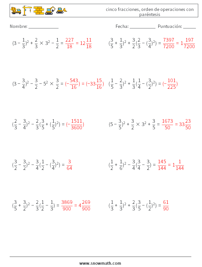 (10) cinco fracciones, orden de operaciones con paréntesis Hojas de trabajo de matemáticas 2 Pregunta, respuesta