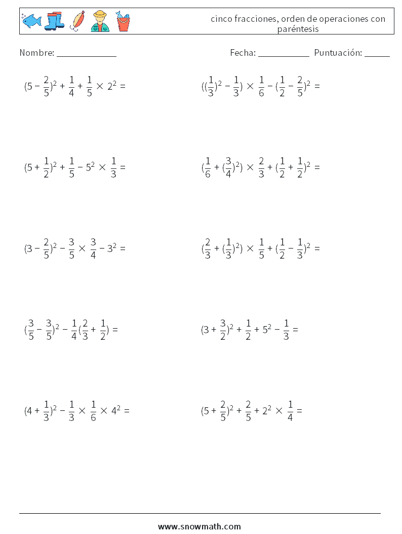 (10) cinco fracciones, orden de operaciones con paréntesis Hojas de trabajo de matemáticas 3