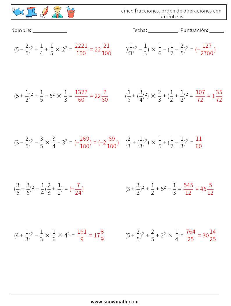 (10) cinco fracciones, orden de operaciones con paréntesis Hojas de trabajo de matemáticas 3 Pregunta, respuesta