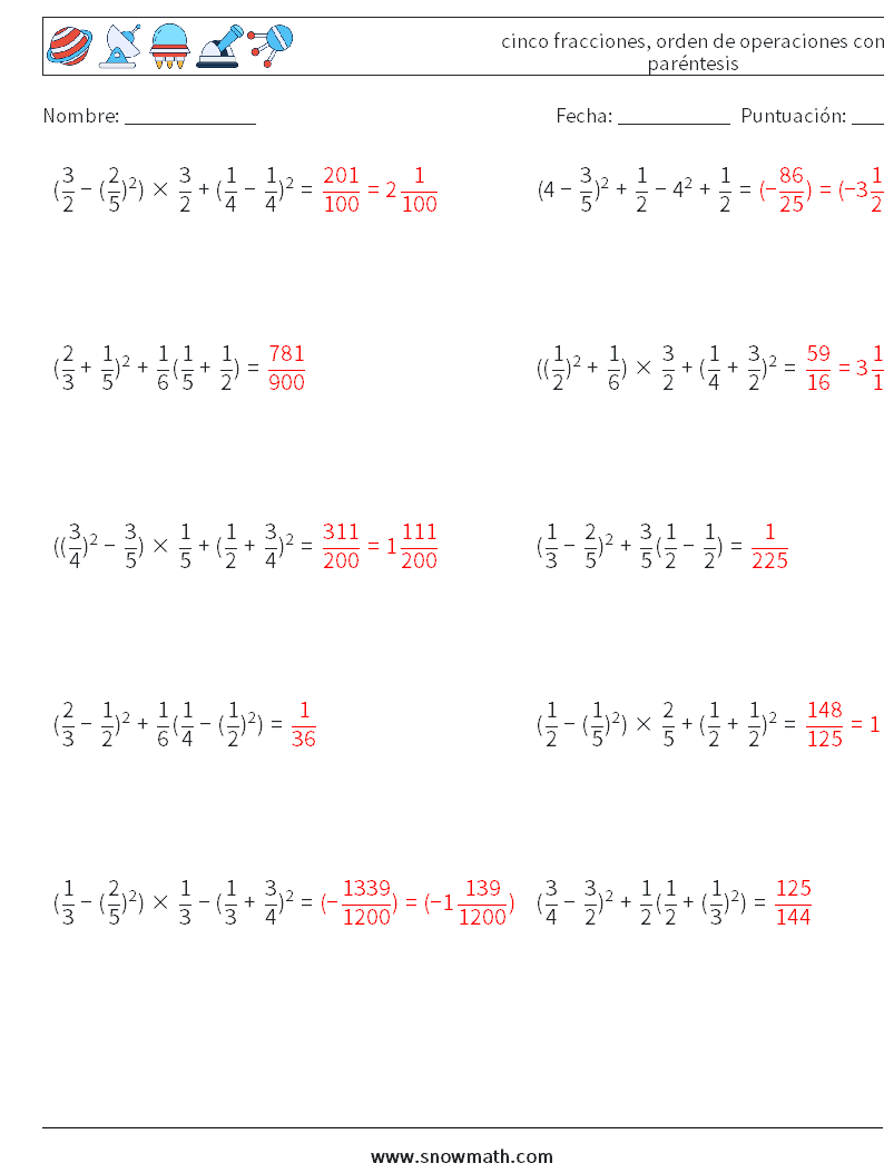 (10) cinco fracciones, orden de operaciones con paréntesis Hojas de trabajo de matemáticas 4 Pregunta, respuesta