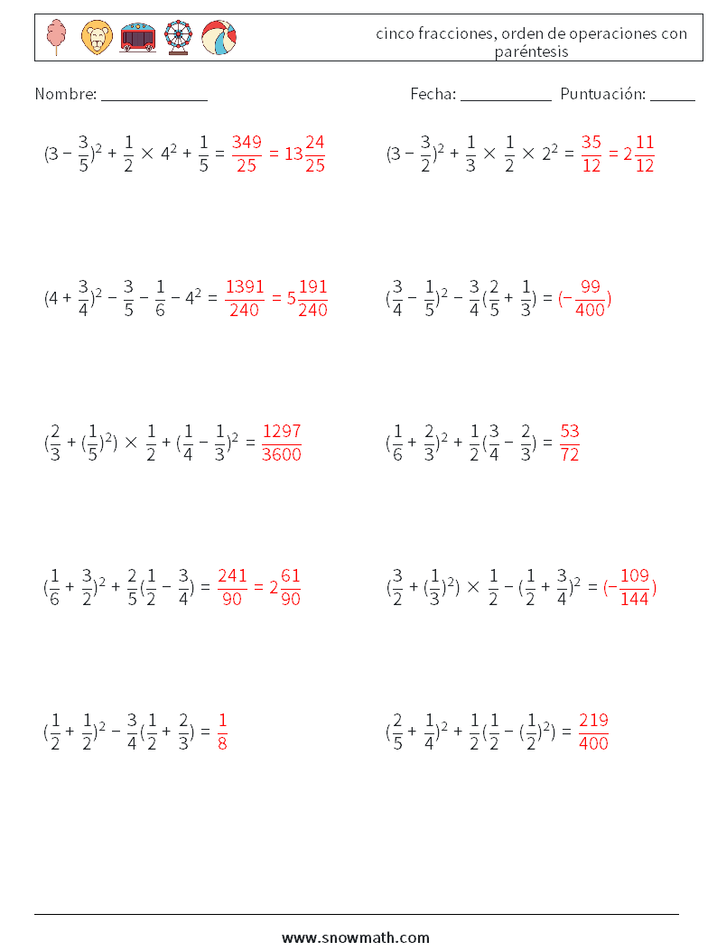 (10) cinco fracciones, orden de operaciones con paréntesis Hojas de trabajo de matemáticas 5 Pregunta, respuesta