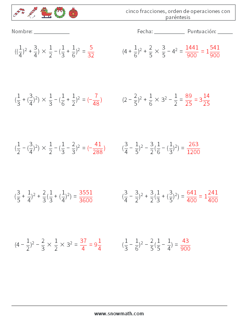 (10) cinco fracciones, orden de operaciones con paréntesis Hojas de trabajo de matemáticas 6 Pregunta, respuesta