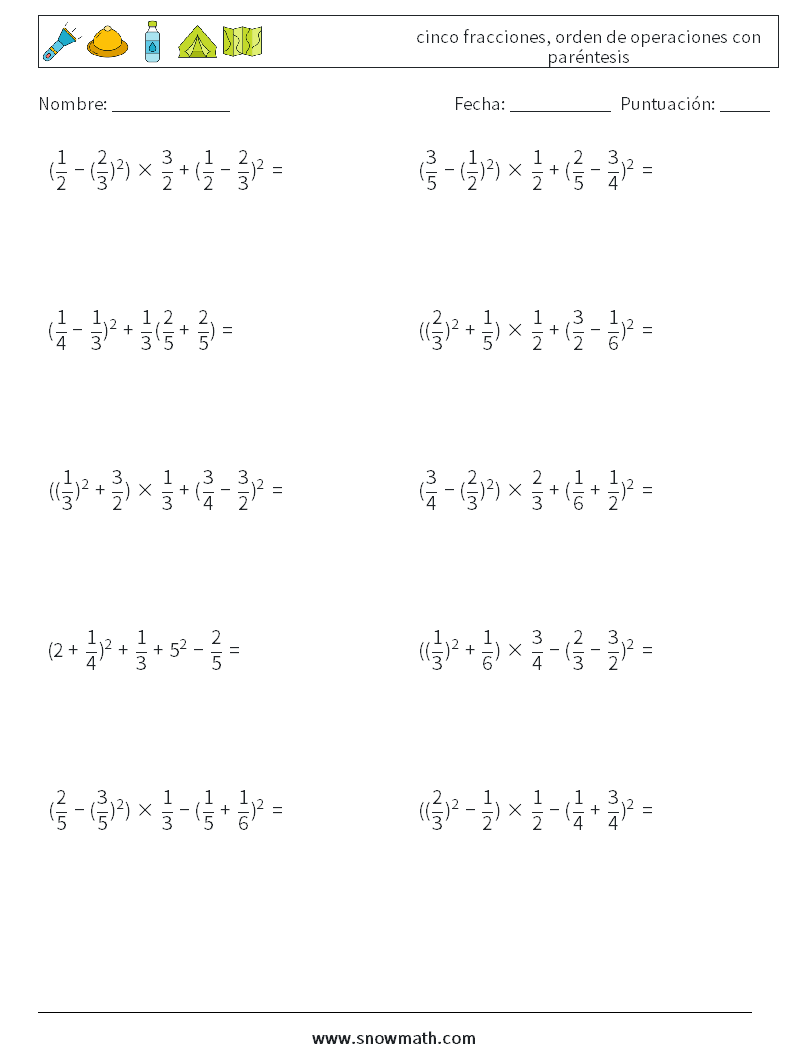 (10) cinco fracciones, orden de operaciones con paréntesis Hojas de trabajo de matemáticas 7