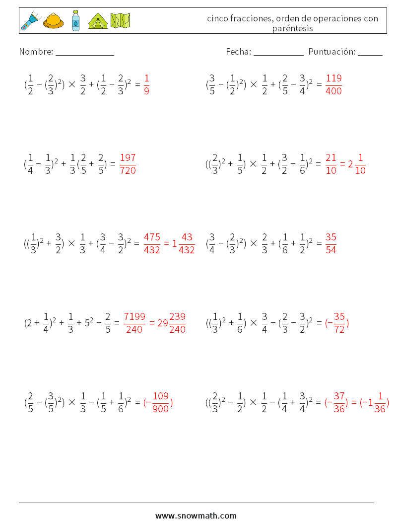 (10) cinco fracciones, orden de operaciones con paréntesis Hojas de trabajo de matemáticas 7 Pregunta, respuesta