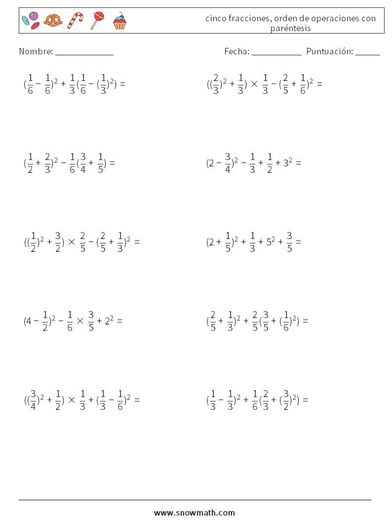 (10) cinco fracciones, orden de operaciones con paréntesis Hojas de trabajo de matemáticas 8